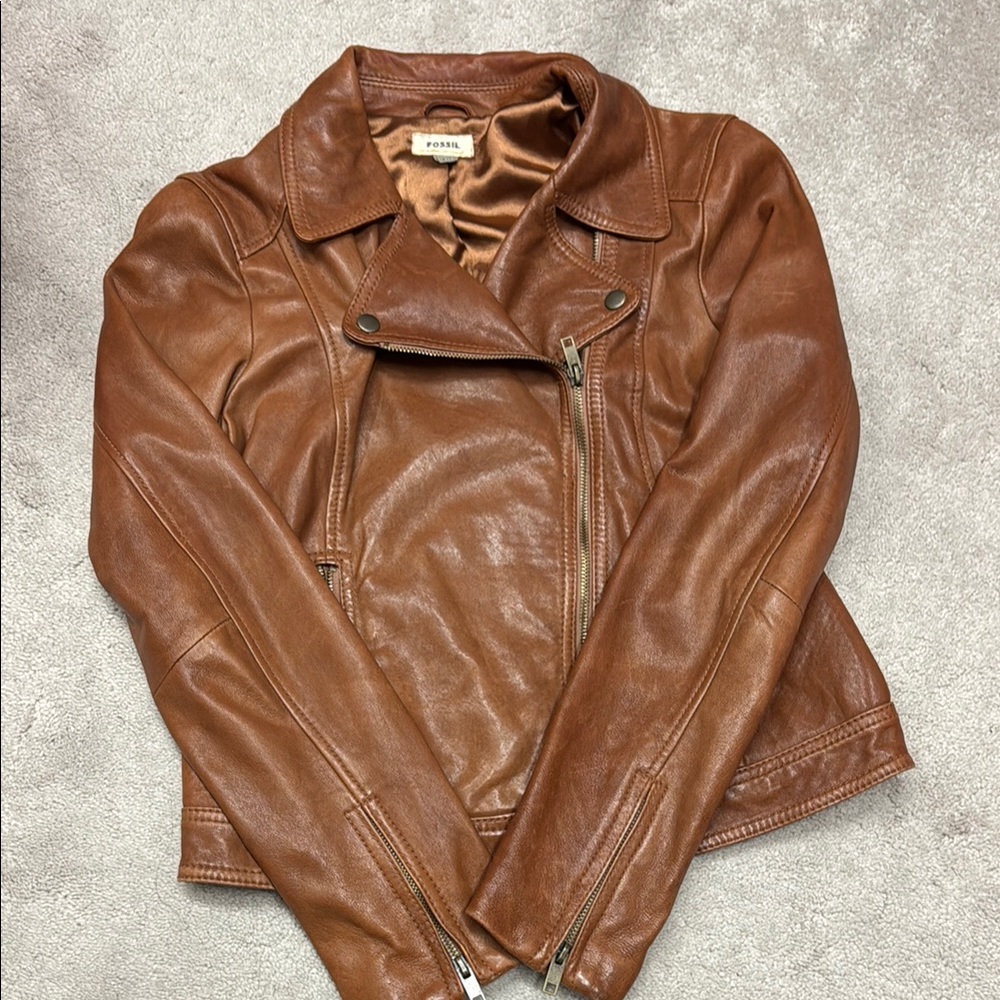 Fossil Brown Genuine Leather Jacket Asymmetrical Zipper